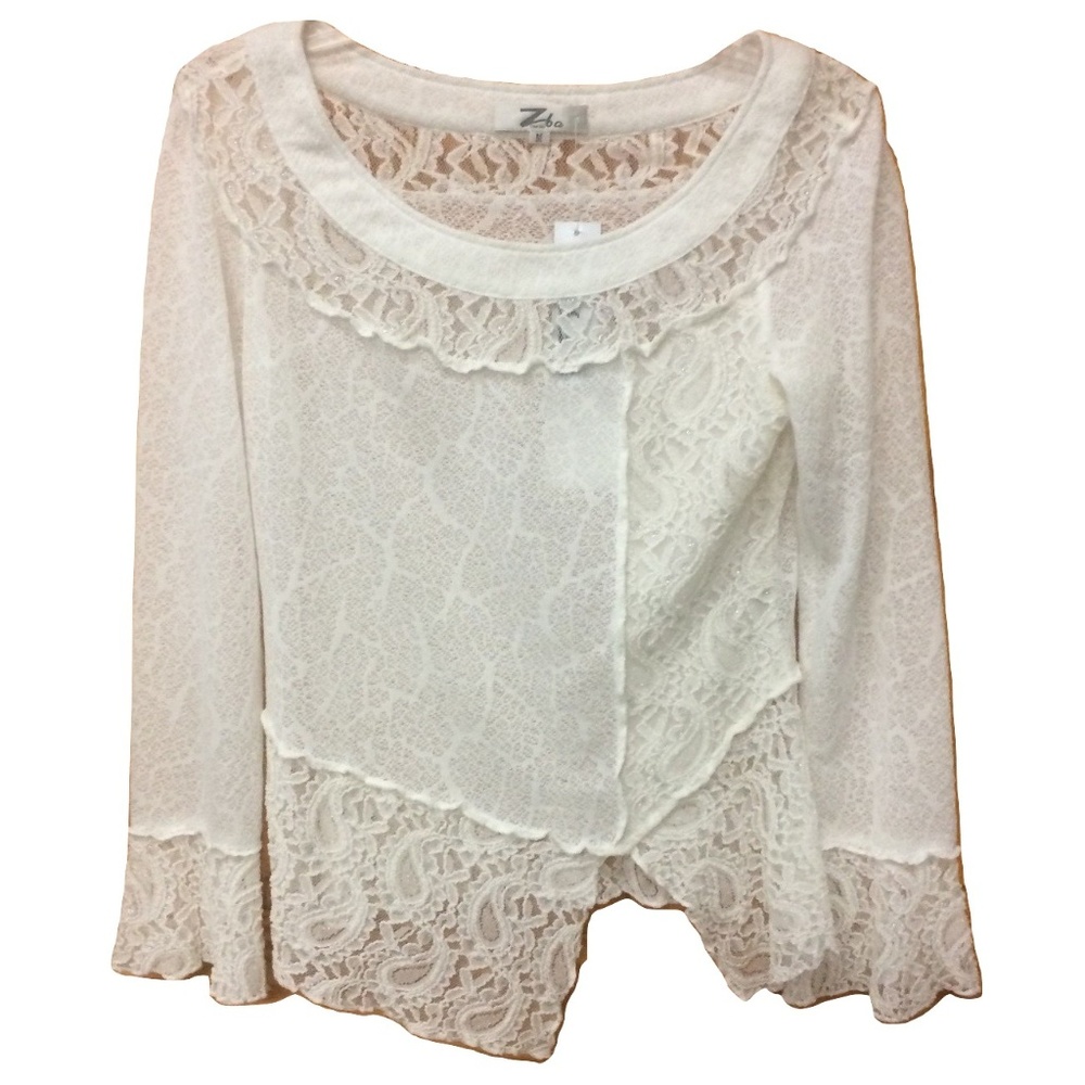NWT Zba White Paisley Lace Bell Sleeve Blouse